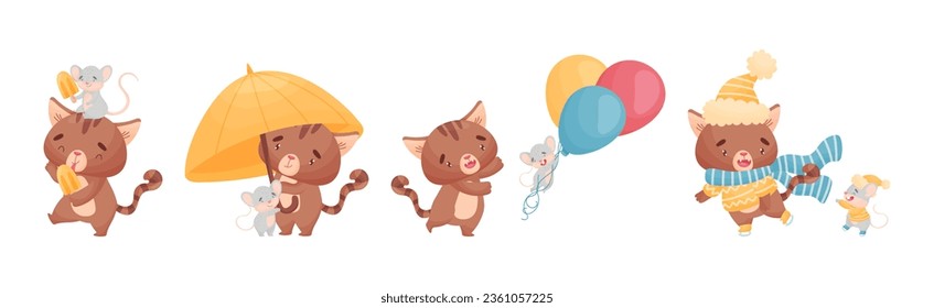 Cute Friendly Cat and Mouse Engaged in Different Activity Vector Set