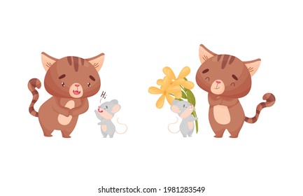 Cute Friendly Cat and Mouse Greeting and Giving Bunch of Flowers Vector Set