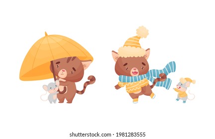 Cute Friendly Cat and Mouse Ice Skating and Walking Under Umbrella Vector Set