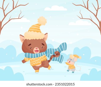 Cute Friendly Cat and Mouse Ice Skating Together Vector Illustration