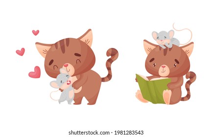 Cute Friendly Cat and Mouse Reading Book and Embracing Vector Set