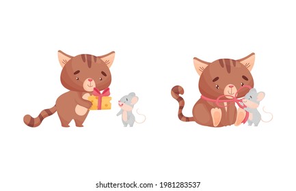 Cute Friendly Cat and Mouse Tie Bow and Giving Cheese Slab Vector Set