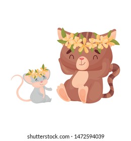 Cute friendly cat and mouse with wreaths on his head. Vector illustration on white background.