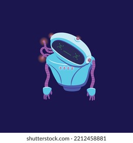 Carácter humorista de cómic amigable, ilustración vectorial plana aislada en fondo azul oscuro. Simpático robot o robot de clientes con soporte en línea.