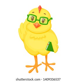 Cute friendly chicken in glasses and with the book