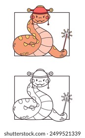 Cute friendly Chinese new year snake colouring page for kids