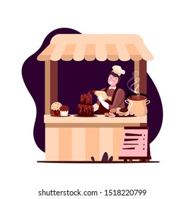 Cute friendly confectioner boy glazing a cake inviting customers to his bakery fair shop to taste sweet products. Small business shop start up. Hot chocolate and cupcakes stall. Vector flat illustrat