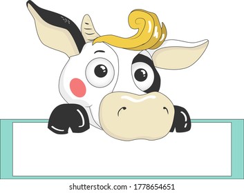 Cute friendly cow with frame. Place for your text. Close up portrait. Christmas and new year concept. 2021 symbol
