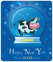 Cute Friendly Cow Inside Of The Snow-dome. 2009 Is The Year Of The Ox According To The Chinese Zodiac.