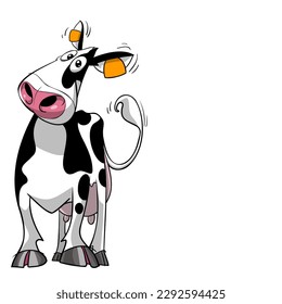 Cute and friendly cow looking straight at the viewer with face turned to the side smiling and waving its tail cartoon vector illustration ready for printing
