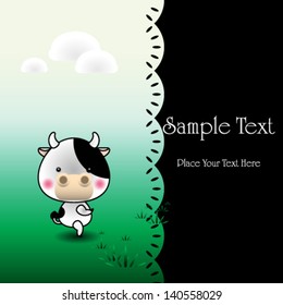 Cute friendly cow with place for text