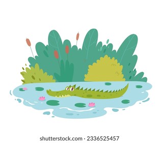 Cute friendly crocodile swimming in water of jungles pond vector illustration. Cartoon isolated tropical land scene with little alligator and summer tropical swamp or lake with grass and flowers