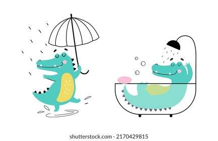 Cute friendly crocodiles set. Lovely curious baby alligators walking under umbrella and taking bath cartoon vector illustration