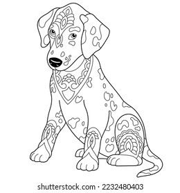 Perro dálmata amable. Página del libro de colorear para adultos en estilo mandala