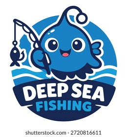 A cute and friendly deep sea fishing–themed fish mascot illustration holding a fishing rod, designed in a colorful cartoon style. Ideal for fishing brands, logos, kids games, stickers, apparel, merchandise, and playful ocean-themed designs.