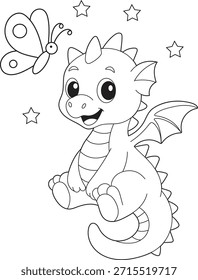 Página de coloração de dragão amigável bonito imprimível para crianças e adultos. Cartoon Baby Animal Character com estrelas. Easy Fantasy Creature Line Art para crianças.

