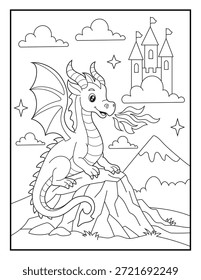 Lindo y amigable dragón sentado en una roca, respirando fuego suavemente, con un castillo en el cielo, nubes, montañas y estrellas. Página de libro para colorear para niños con contornos simples en negrita