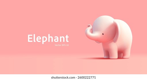 Cute friendly elephant character, 3D. Pink modern banner for childhood, nature, and product advertising concepts. Fairytale world. Vector illustration.