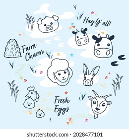 Cute Friendly Farm Animals faces. Resembling a Sheep, Rabbit, Goat, Cows, Pig, Goat and Chickens.