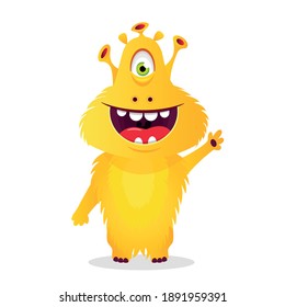 adorable, amigable, esponjoso, monstruo amarillo ondas alienígenas y sonrisas. Estilo de caricatura.