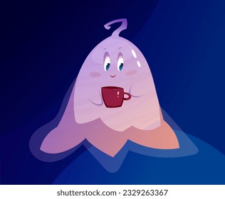 Cute friendly ghost. Adorable Halloween flying character with tea or coffee mug. Colorful sticker with funny monster for social media. Cartoon flat vector illustration isolated on blue background