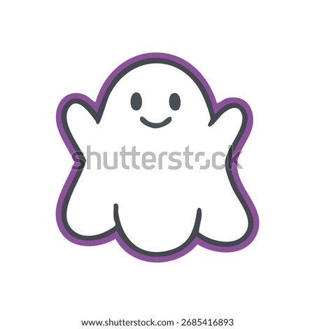 Cute Friendly Ghost Character. An endearing apparition in white, highlighted by a vibrant violet border. Its cheerful expression symbolizes innocent fun and holiday cheer.