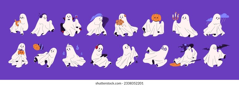 Geräumiger und freundlicher Geist mit verschiedenen Ausdrücken gesetzt. Spookes Phantom fliegt zu Halloween mit Kürbis. Trauriger und lustiger Geist, verschiedene Kostüme. Schrei und Schläger. Cartoon-Wohnung einzeln auf Vektorgrafik