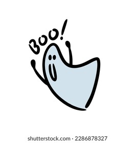 Cute friendly ghost scares kids on Halloween. Vector illustration of a child in  funny  costume at a party.