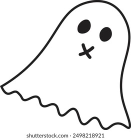 Cute friendly ghost scares kids on Halloween. Vector illustration of a child in funny costume at a party.	