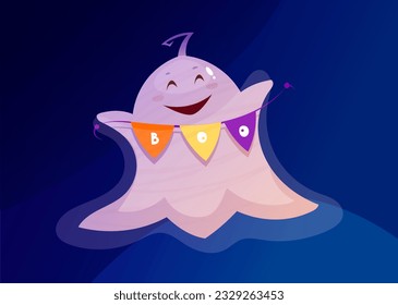 Cute friendly ghost. Set with spooky happy character with multi colored flags with inscription boo. Halloween stickers with demon for web. Cartoon flat vector illustration isolated on blue background