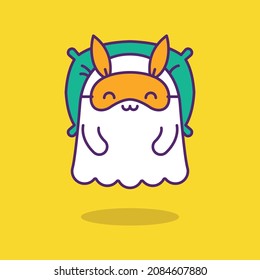 Cute friendly ghost sleep on pillow with an eye mask isolated on yellow background