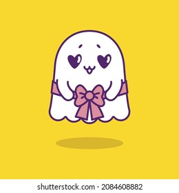 Cute friendly ghost tied with a ribbon as a gift isolated on yellow background