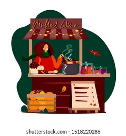 Cute friendly girl cooking a mulled wine inviting customers to her fair shop to taste hot drinks and sweet bakery products. Small business shop start up. Hot beverage and cupcakes stall. Vector flat
