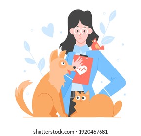 Cute friendly girl veterinarian with animals. Cat, dog and bird. Pet health. Vector flat illustration.