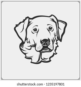 Cute friendly Golden Retriever portrait. Emblem for Pets Shop. Print design for t-shirts.