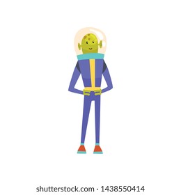 Cute Friendly Green Alien, Funny Smiling Humanoid Cartoon Character in Blue Space Suit and Helmet Vector Illustration