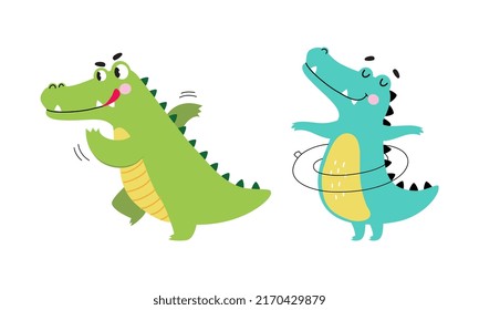 Cute friendly green crocodiles in different activities set cartoon vector illustration