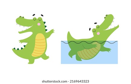 Bonito conjunto de cocodrilos verdes. Agradables niños lagartos en diferentes actividades caricatura ilustración vectorial