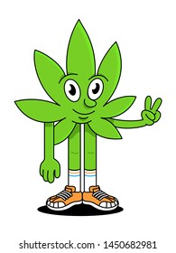 Cute friendly green natural leaf of cannabis marijuana weed is showing gesture with fingers lifted up showing number two. Sign of peace and victory. Modern illustration cartoon character emoji sticker