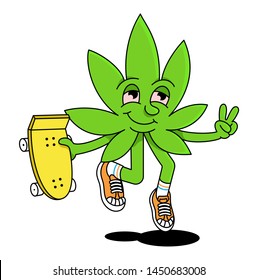 Cute friendly green natural leaf of cannabis marijuana weed is jumping up with skateboard and showing gesture with fingers sign of peace and victory Modern illustration cartoon character emoji sticker