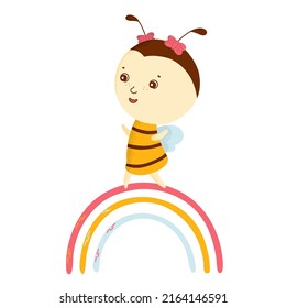 Cute friendly happy bee running on the rainbow. Insect character. Vector children illustration.
