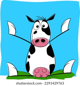 Cute and friendly happy and smiling cow in a big meadow in human pose playing