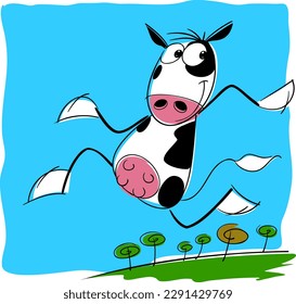 Cute and friendly happy and smiling cow in a big meadow in human pose playing