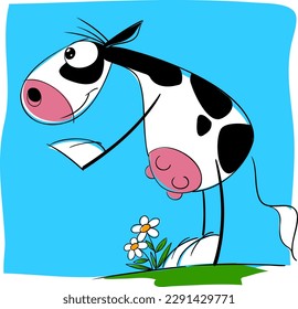 Una vaca linda y amigable, feliz y sonriente en un gran prado en una pose humana jugando