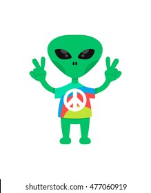 Cute friendly hippie flat green alien flat cartoon charater. come in peace. isolated on white background. Hippie cute cartoon funny green alien show symbol peace geasture,tie-dye t shirt vector