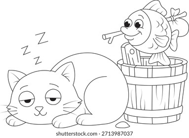 
A cute and friendly illustration of a cat and a fish showing harmony and friendship instead of hunting. Perfect for children’s books, educational projects, coloring pages, nursery decor, cartoons .