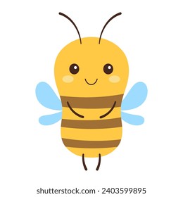 cute friendly insect, cartoon happy bee character, flat vector illustration isolated on white