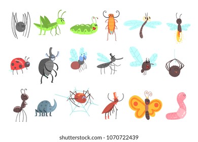 Cute Friendly Insects Set With Cartoon Bugs, Beetles, Flies, Spiders And Other Small Animals