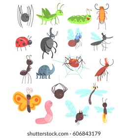 Cute Friendly Insects Set With Cartoon Bugs, Beetles, Flies, Spiders And Other Small Animals