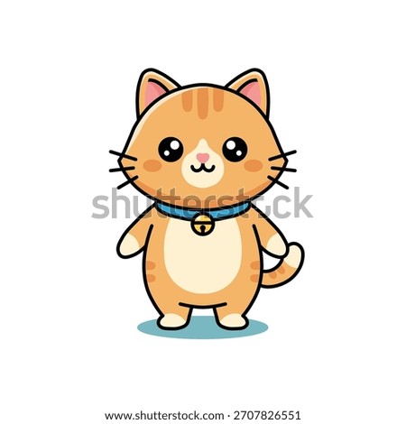 cute and friendly kawaii-style orange tabby cat cartoon illustration. adorable ginger kitten character standing and wearing a blue collar with a bell.